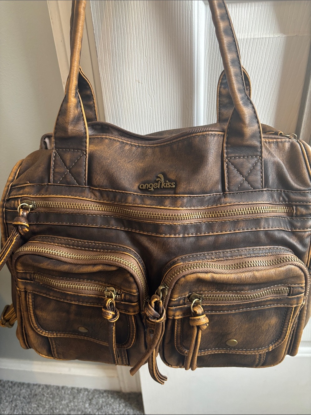 Angel Kiss Distressed Brown Faux-Leather Satchel with Gold Hardware